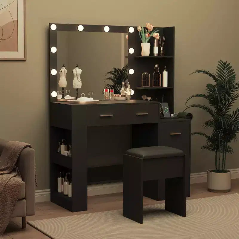 41 Large Vanity Desk, Hairdryer Holder, 5 Drawers, with Soft Cushioned Stool for Bedroom