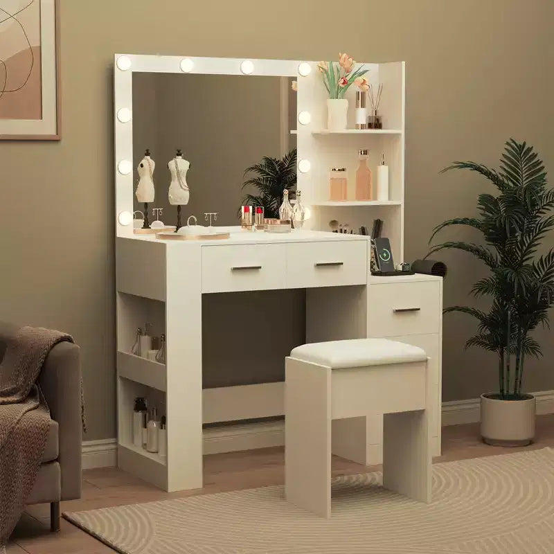 41 Large Vanity Desk, Hairdryer Holder, 5 Drawers, with Soft Cushioned Stool for Bedroom