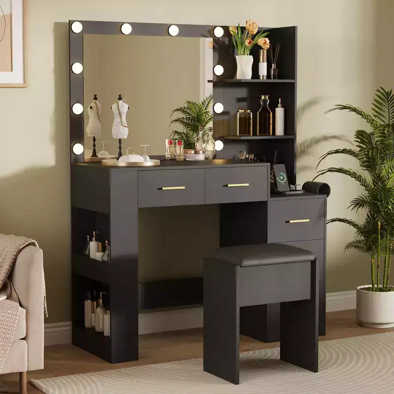 41 Large Vanity Desk, Hairdryer Holder, 5 Drawers, with Soft Cushioned Stool for Bedroom