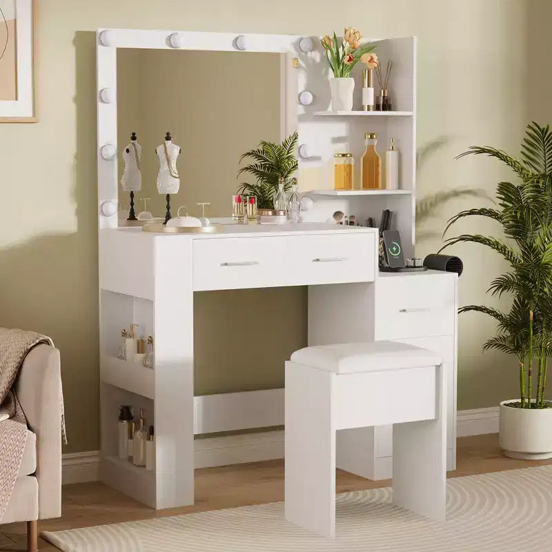 41 Large Vanity Desk, Hairdryer Holder, 5 Drawers, with Soft Cushioned Stool for Bedroom