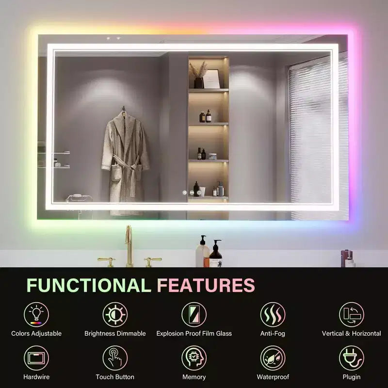 Acekool RGB Backlit Bathroom Mirror with Adjustable Front Illumination and Anti-Fog, Wall Mounted Vanity Mirror