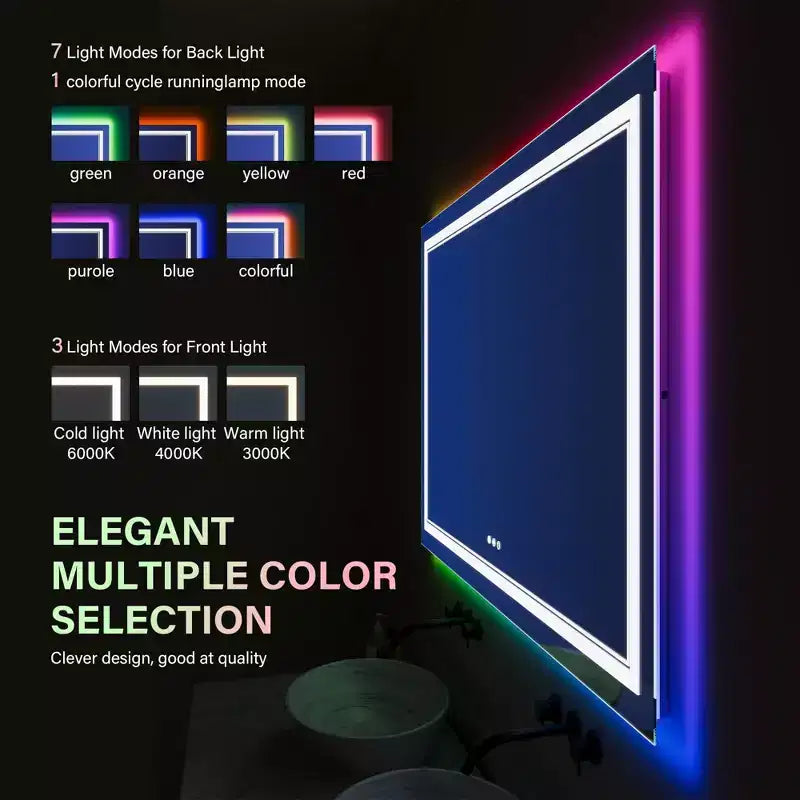 Acekool RGB Backlit Bathroom Mirror with Adjustable Front Illumination and Anti-Fog, Wall Mounted Vanity Mirror