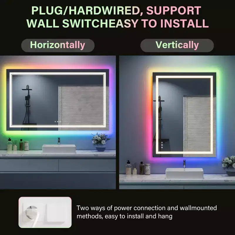 Acekool RGB Backlit Bathroom Mirror with Adjustable Front Illumination and Anti-Fog, Wall Mounted Vanity Mirror