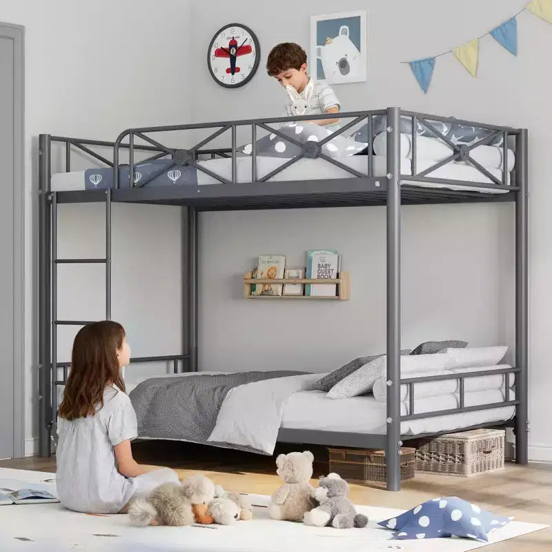 Double metal bunk bed frame, industrial heavy-duty bunk bed with safety rails, space-saving design, no mattress base required.