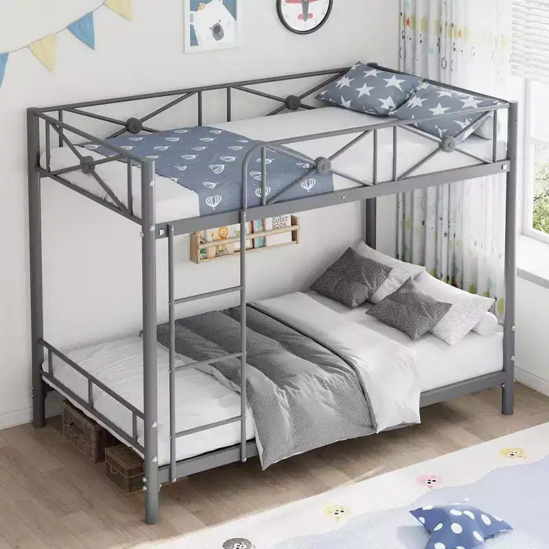 Double metal bunk bed frame, industrial heavy-duty bunk bed with safety rails, space-saving design, no mattress base required.