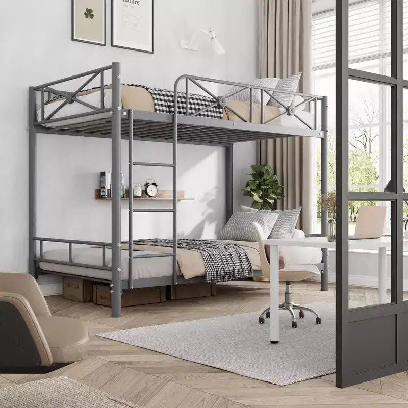 Double metal bunk bed frame, industrial heavy-duty bunk bed with safety rails, space-saving design, no mattress base required.