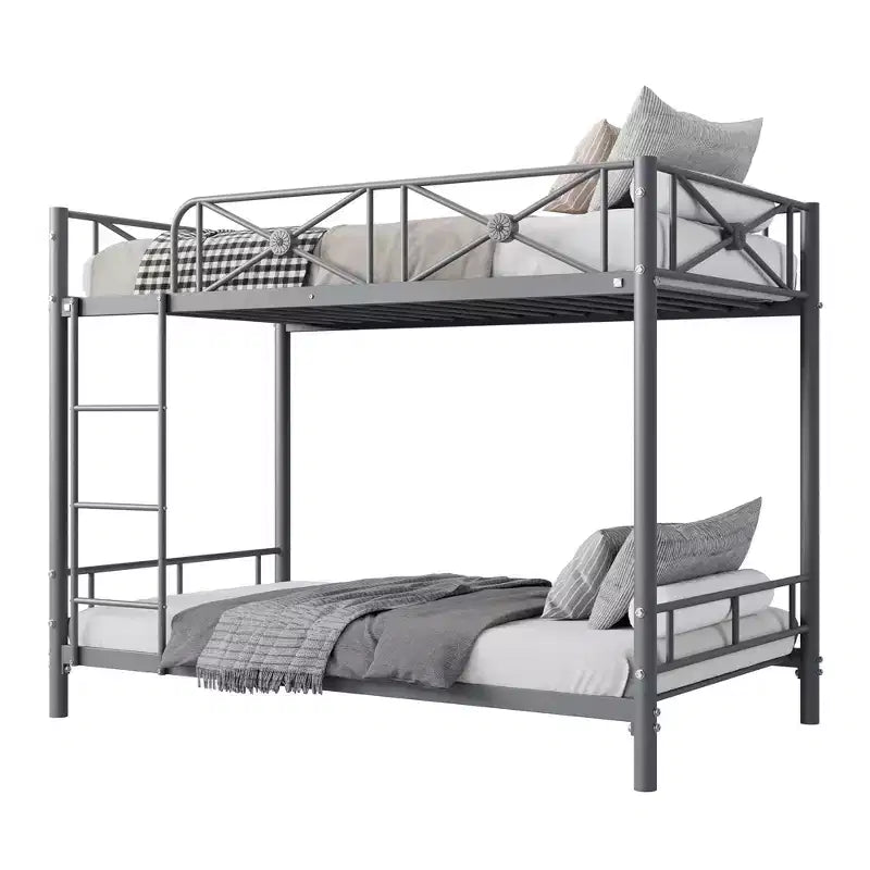 Double metal bunk bed frame, industrial heavy-duty bunk bed with safety rails, space-saving design, no mattress base required.