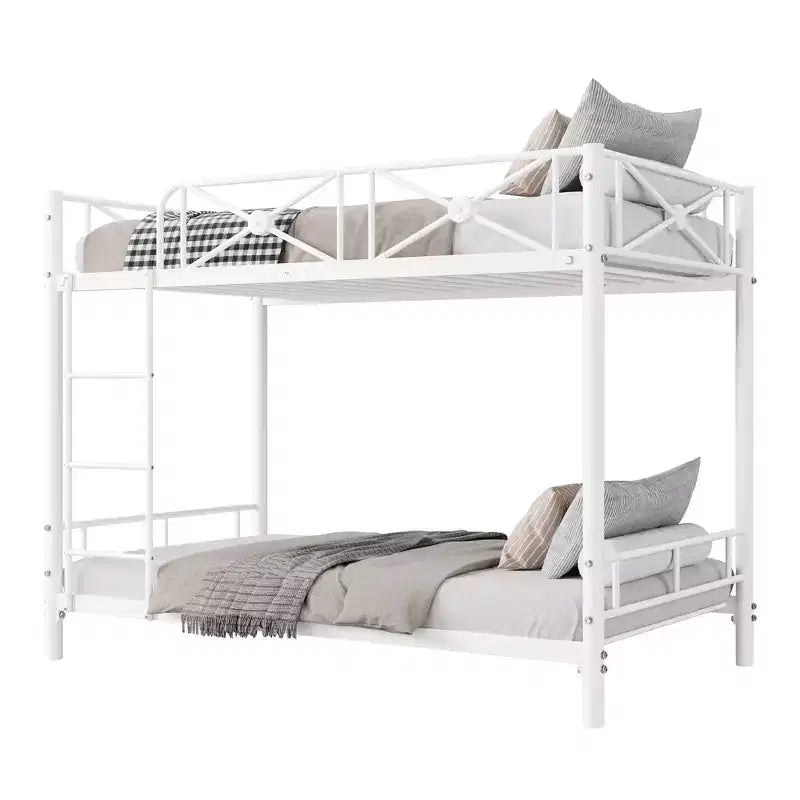 Double metal bunk bed frame, industrial heavy-duty bunk bed with safety rails, space-saving design, no mattress base required.