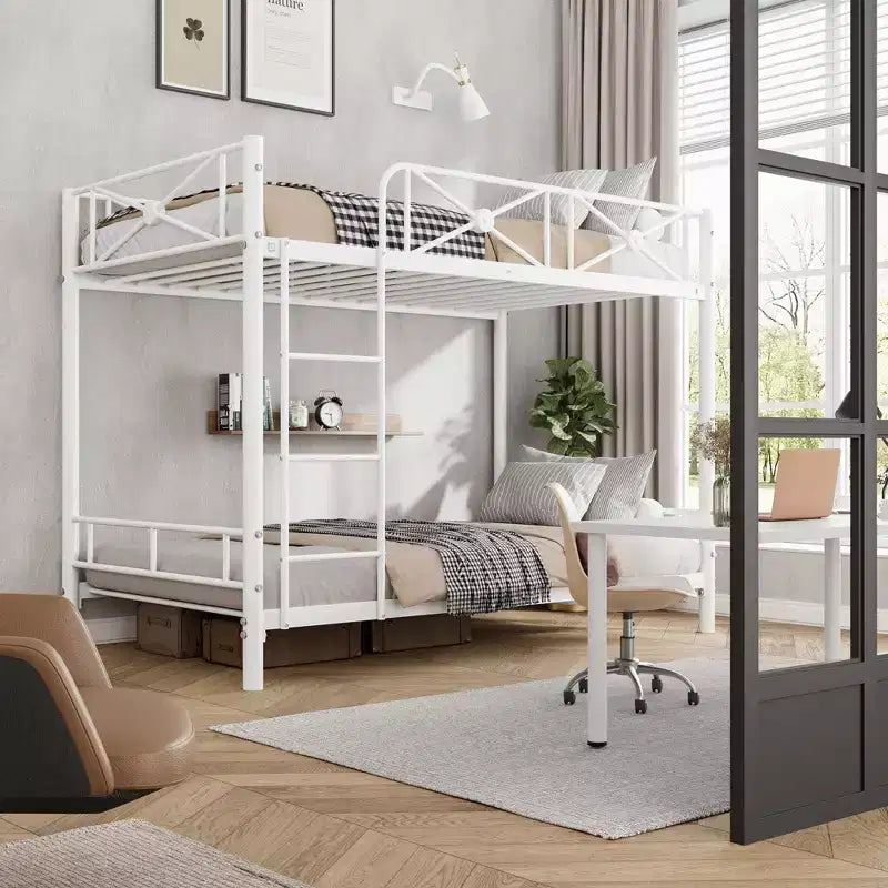 Double metal bunk bed frame, industrial heavy-duty bunk bed with safety rails, space-saving design, no mattress base required.