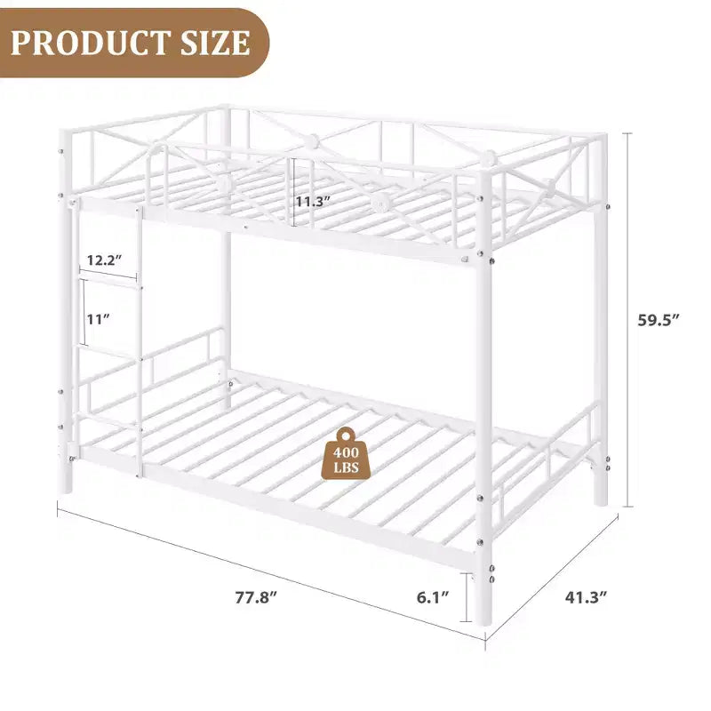 Double metal bunk bed frame, industrial heavy-duty bunk bed with safety rails, space-saving design, no mattress base required.