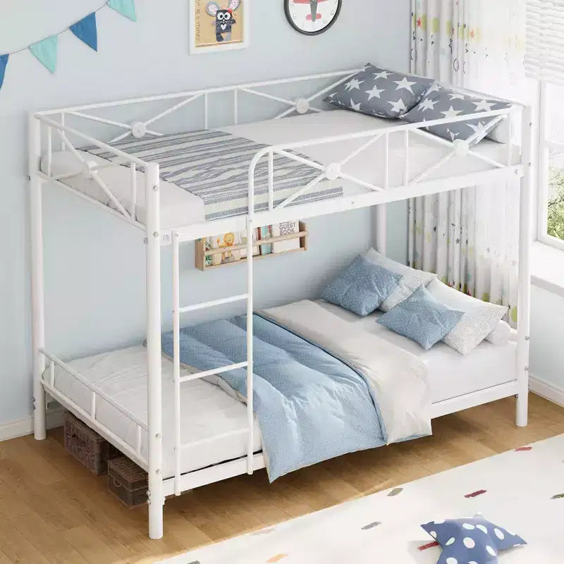 Double metal bunk bed frame, industrial heavy-duty bunk bed with safety rails, space-saving design, no mattress base required.