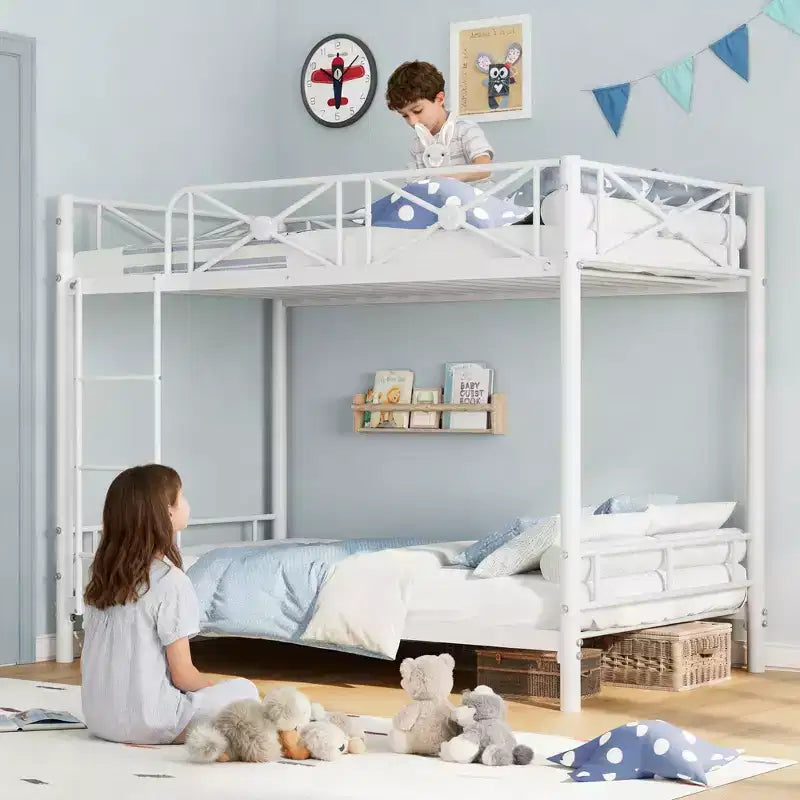 Double metal bunk bed frame, industrial heavy-duty bunk bed with safety rails, space-saving design, no mattress base required.