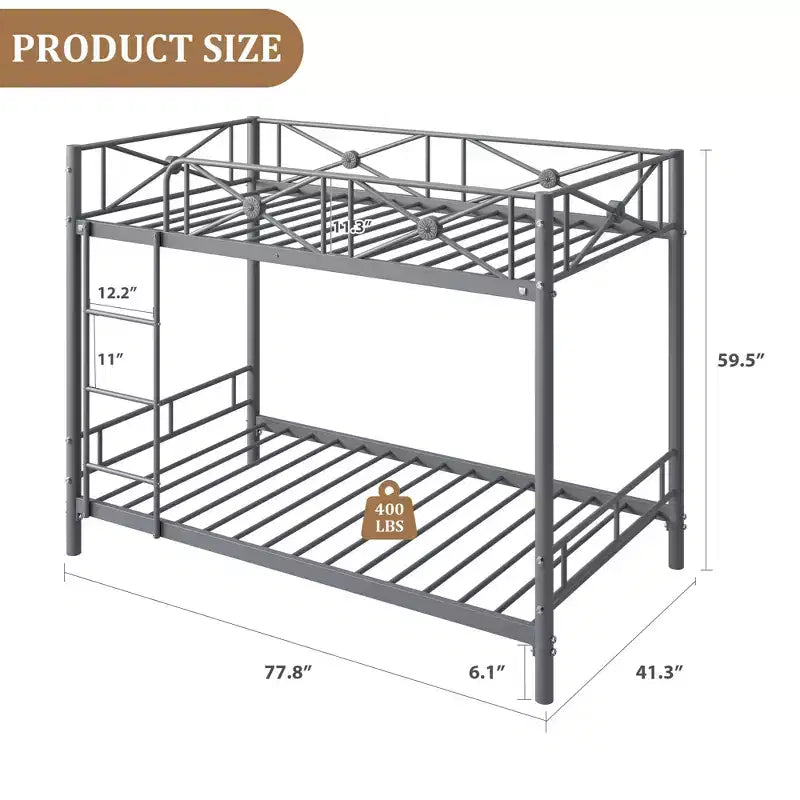 Double metal bunk bed frame, industrial heavy-duty bunk bed with safety rails, space-saving design, no mattress base required.