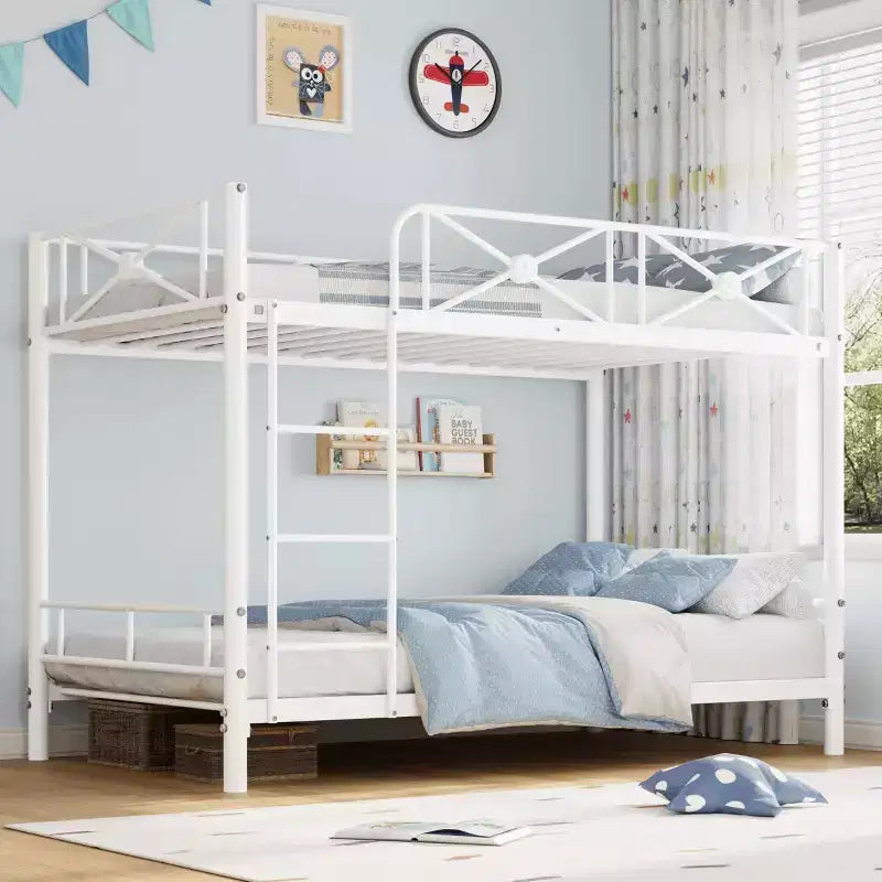 Double metal bunk bed frame, industrial heavy-duty bunk bed with safety rails, space-saving design, no mattress base required.