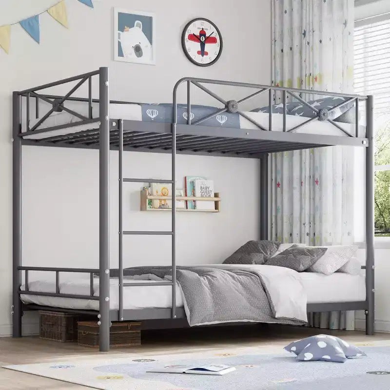 Double metal bunk bed frame, industrial heavy-duty bunk bed with safety rails, space-saving design, no mattress base required.