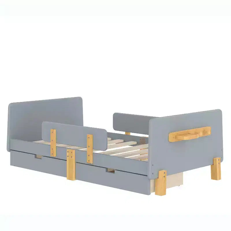 Twin/Full Size Platform Bed with Storage Drawers and Shelf, Wood Platform Bed Frame with Guardrail and Hooks for Kids and Teens