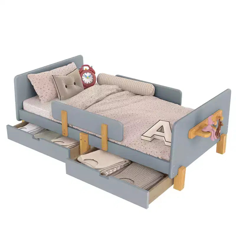 Twin/Full Size Platform Bed with Storage Drawers and Shelf, Wood Platform Bed Frame with Guardrail and Hooks for Kids and Teens