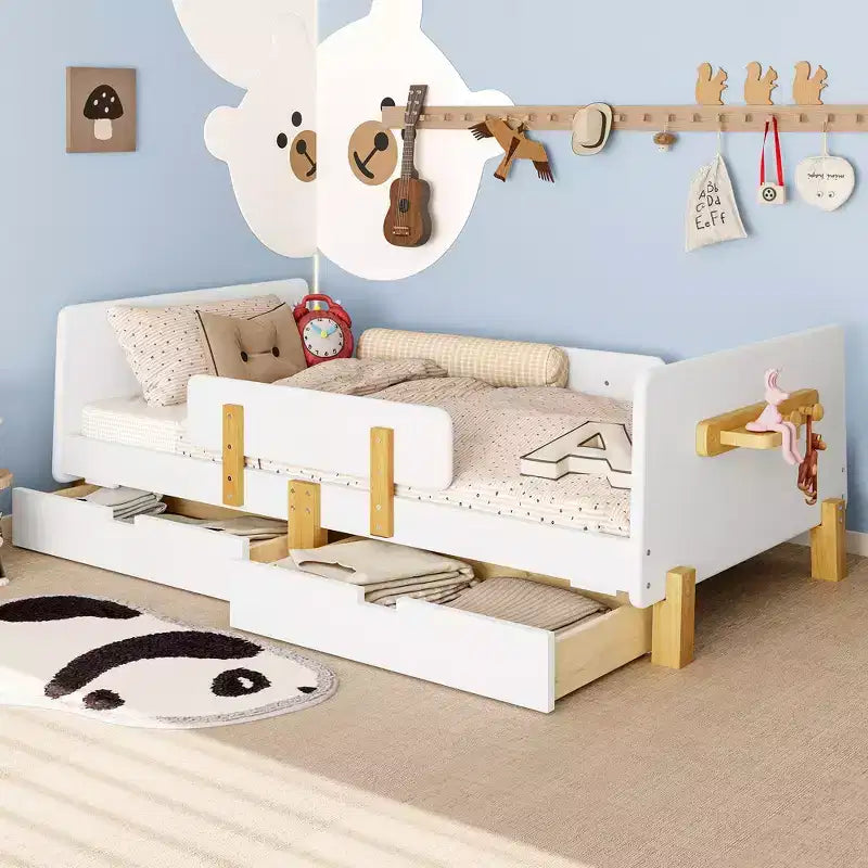 Twin/Full Size Platform Bed with Storage Drawers and Shelf, Wood Platform Bed Frame with Guardrail and Hooks for Kids and Teens