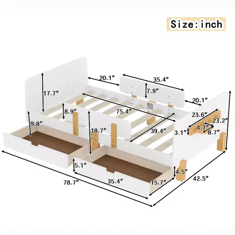 Twin/Full Size Platform Bed with Storage Drawers and Shelf, Wood Platform Bed Frame with Guardrail and Hooks for Kids and Teens