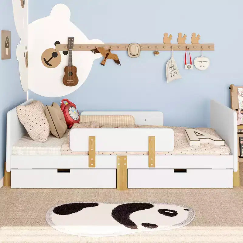 Twin/Full Size Platform Bed with Storage Drawers and Shelf, Wood Platform Bed Frame with Guardrail and Hooks for Kids and Teens