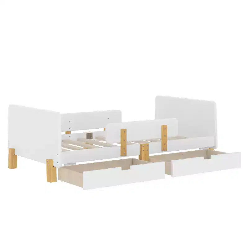 Twin/Full Size Platform Bed with Storage Drawers and Shelf, Wood Platform Bed Frame with Guardrail and Hooks for Kids and Teens