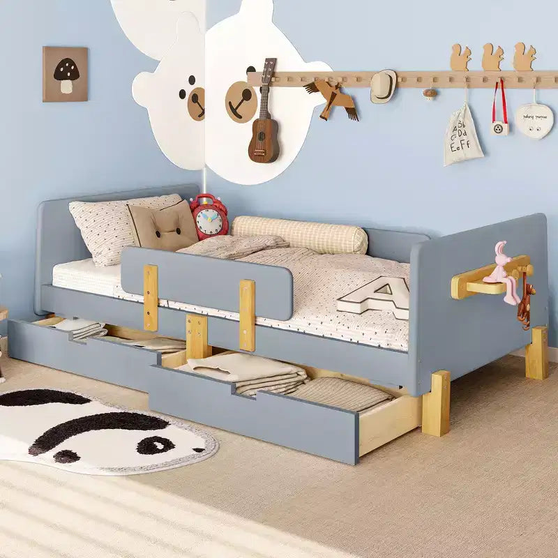 Twin/Full Size Platform Bed with Storage Drawers and Shelf, Wood Platform Bed Frame with Guardrail and Hooks for Kids and Teens