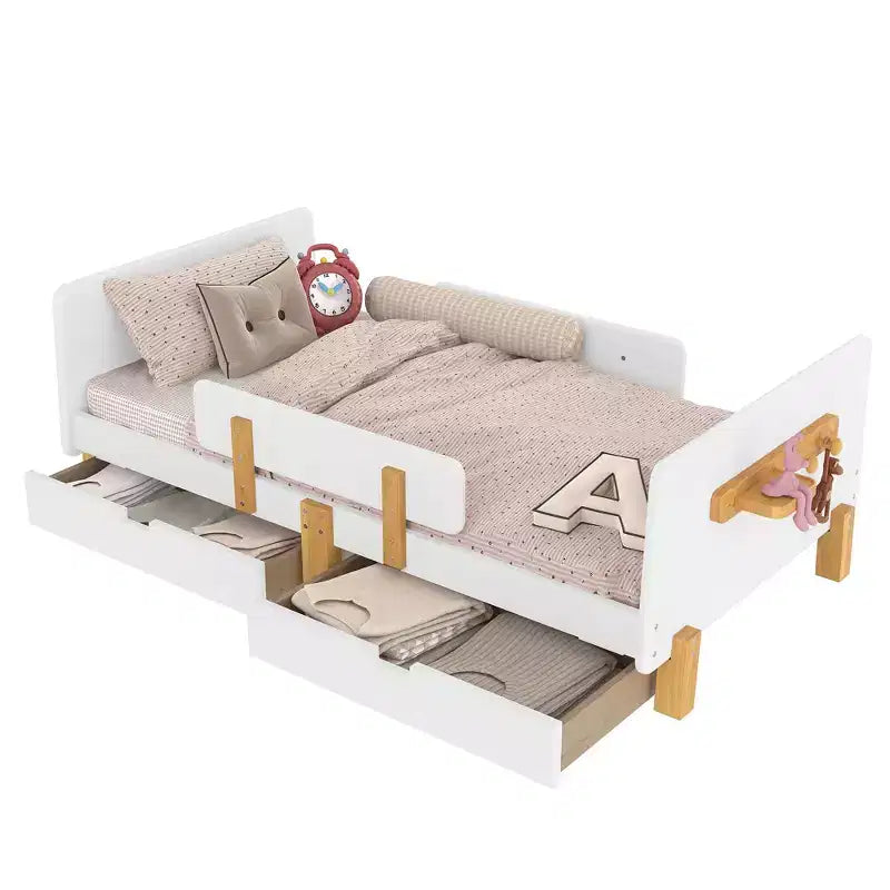 Twin/Full Size Platform Bed with Storage Drawers and Shelf, Wood Platform Bed Frame with Guardrail and Hooks for Kids and Teens