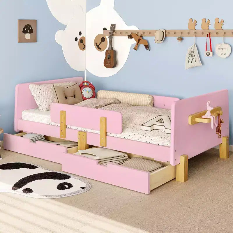 Twin/Full Size Platform Bed with Storage Drawers and Shelf, Wood Platform Bed Frame with Guardrail and Hooks for Kids and Teens