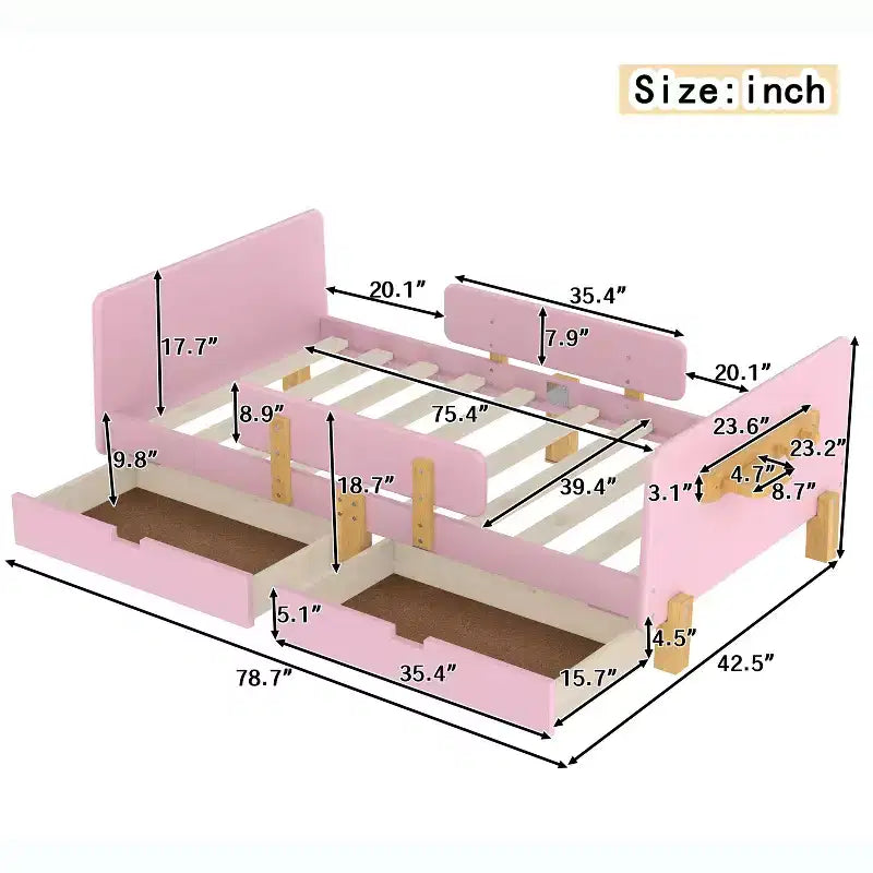 Twin/Full Size Platform Bed with Storage Drawers and Shelf, Wood Platform Bed Frame with Guardrail and Hooks for Kids and Teens
