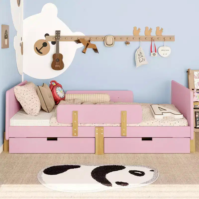 Twin/Full Size Platform Bed with Storage Drawers and Shelf, Wood Platform Bed Frame with Guardrail and Hooks for Kids and Teens