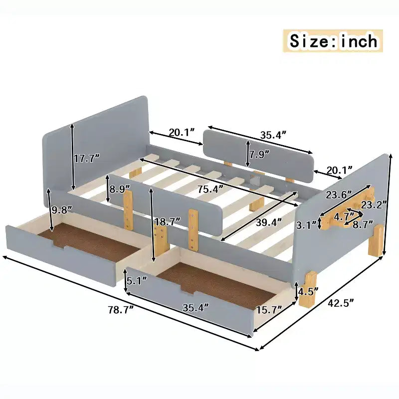 Twin/Full Size Platform Bed with Storage Drawers and Shelf, Wood Platform Bed Frame with Guardrail and Hooks for Kids and Teens
