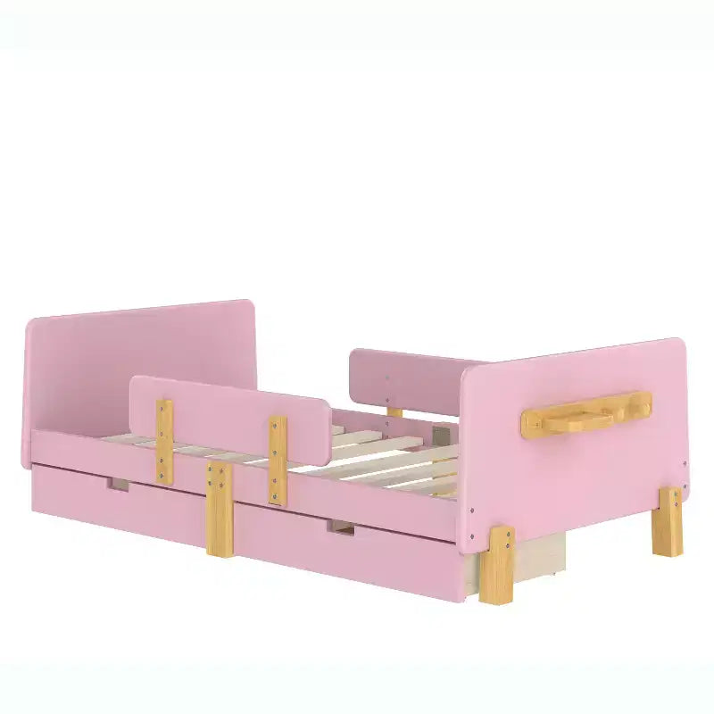 Twin/Full Size Platform Bed with Storage Drawers and Shelf, Wood Platform Bed Frame with Guardrail and Hooks for Kids and Teens
