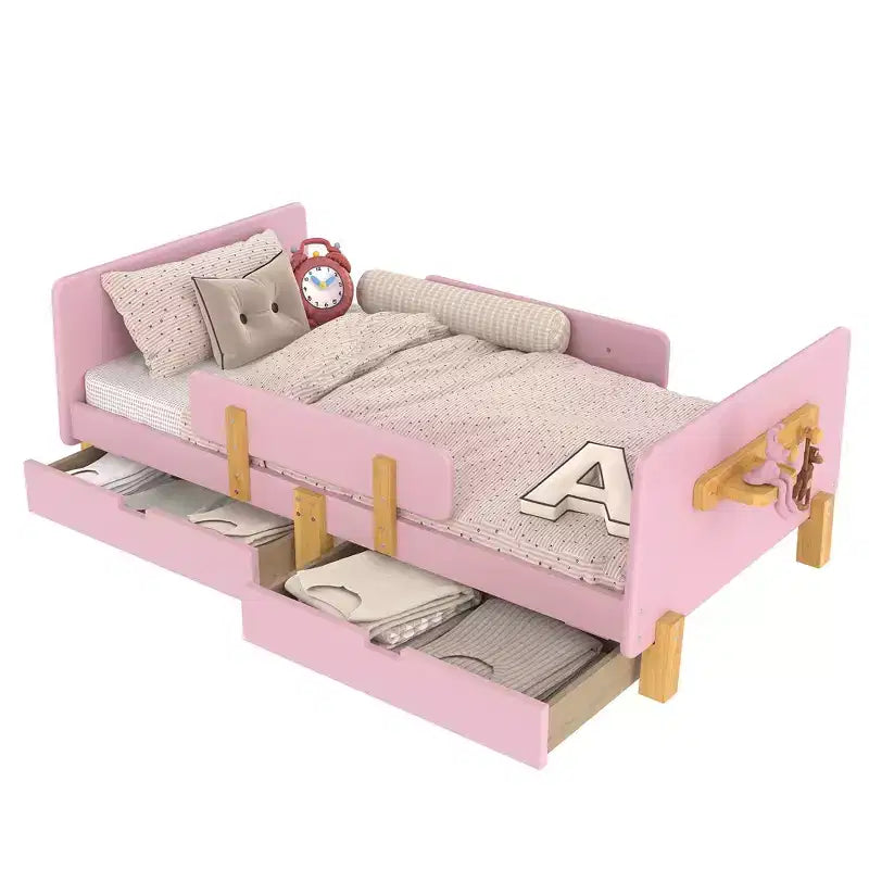 Twin/Full Size Platform Bed with Storage Drawers and Shelf, Wood Platform Bed Frame with Guardrail and Hooks for Kids and Teens
