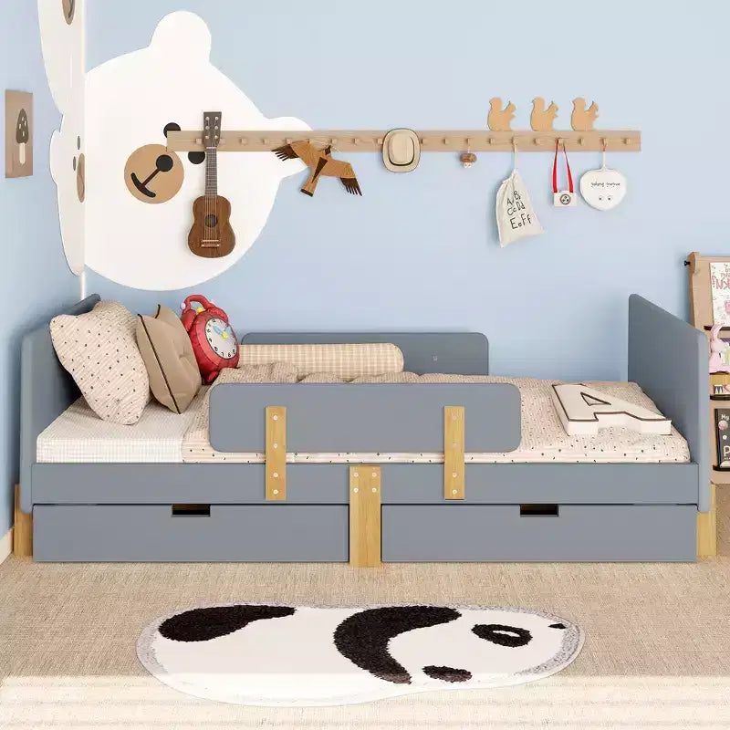 Twin/Full Size Platform Bed with Storage Drawers and Shelf, Wood Platform Bed Frame with Guardrail and Hooks for Kids and Teens