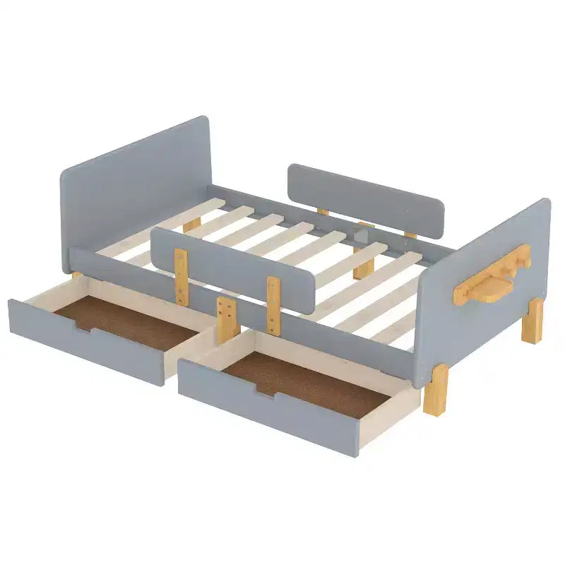 Twin/Full Size Platform Bed with Storage Drawers and Shelf, Wood Platform Bed Frame with Guardrail and Hooks for Kids and Teens