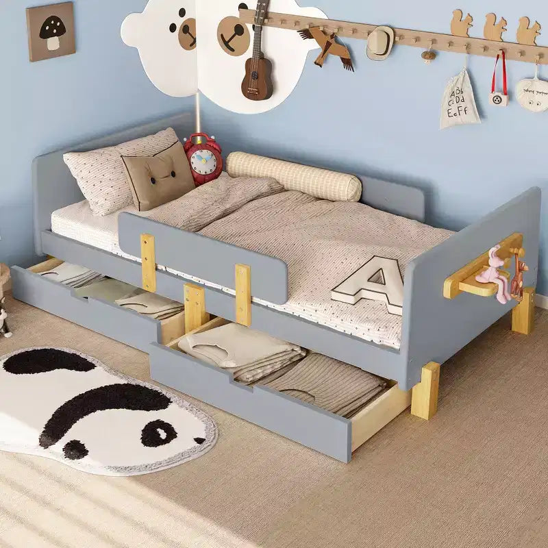 Twin/Full Size Platform Bed with Storage Drawers and Shelf, Wood Platform Bed Frame with Guardrail and Hooks for Kids and Teens