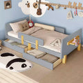 Twin/Full Size Platform Bed with Storage Drawers and Shelf, Wood Platform Bed Frame with Guardrail and Hooks for Kids and Teens