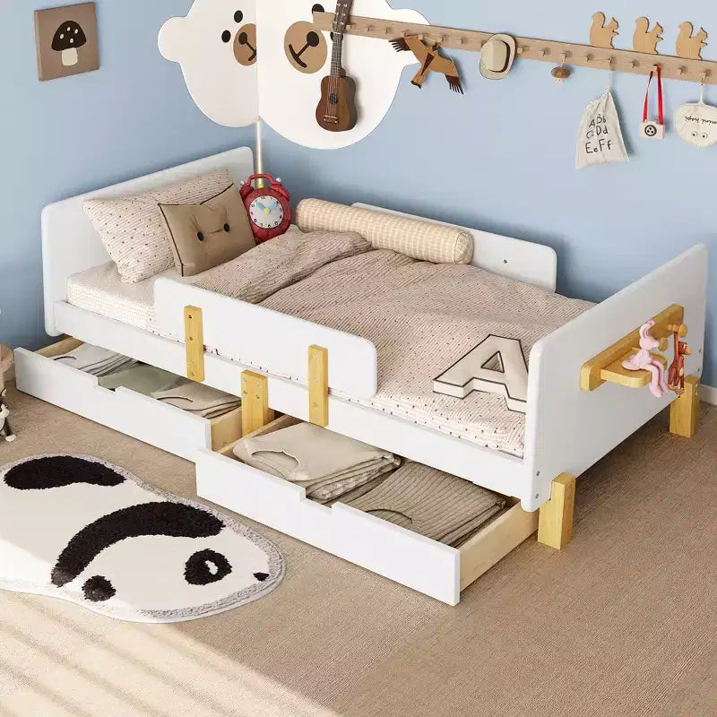 Twin/Full Size Platform Bed with Storage Drawers and Shelf, Wood Platform Bed Frame with Guardrail and Hooks for Kids and Teens