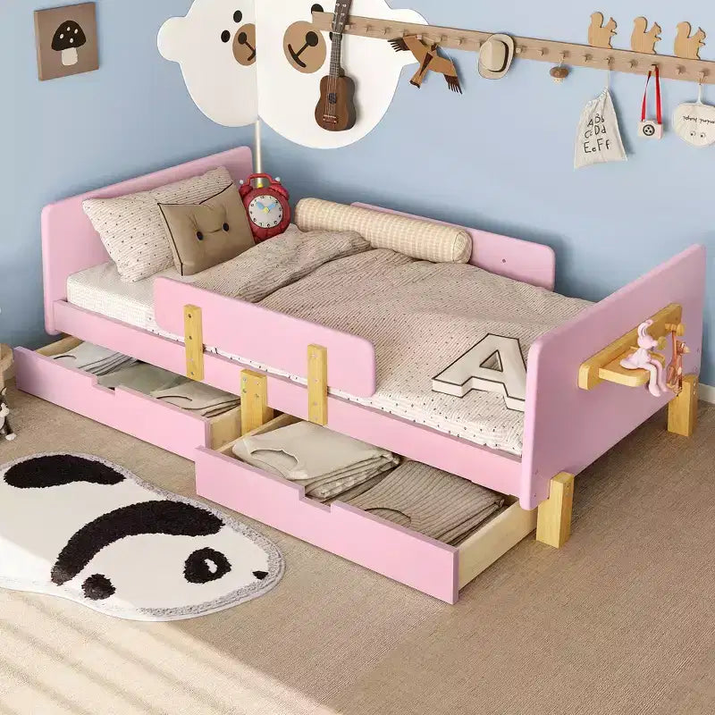 Twin/Full Size Platform Bed with Storage Drawers and Shelf, Wood Platform Bed Frame with Guardrail and Hooks for Kids and Teens