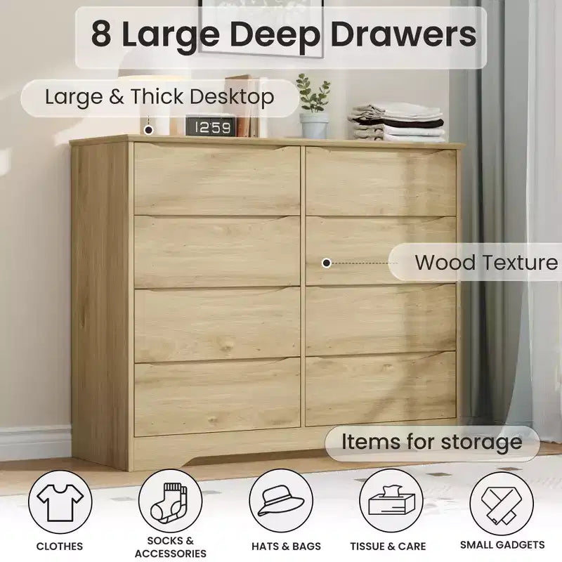 WoodenWooden 8-Drawer Dresser, Tall Modern Chest of Drawers with Deep Storage & Wide Top, Storage Organizer for Bedroom, Living Room,Kids Room