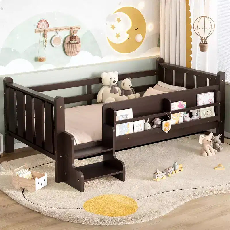 GDFStudio Teresa Kids Wood Floor Platform Bed with Storage Bookcases and Guardrails