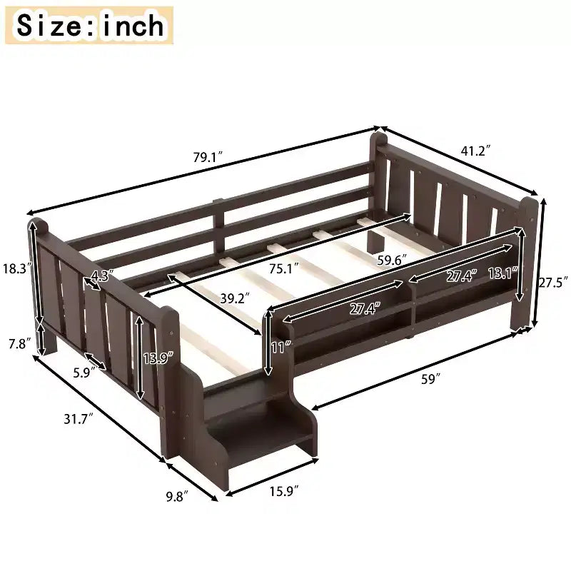 GDFStudio Teresa Kids Wood Floor Platform Bed with Storage Bookcases and Guardrails