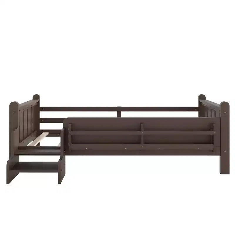 GDFStudio Teresa Kids Wood Floor Platform Bed with Storage Bookcases and Guardrails