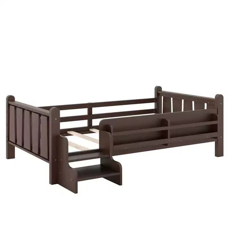 GDFStudio Teresa Kids Wood Floor Platform Bed with Storage Bookcases and Guardrails