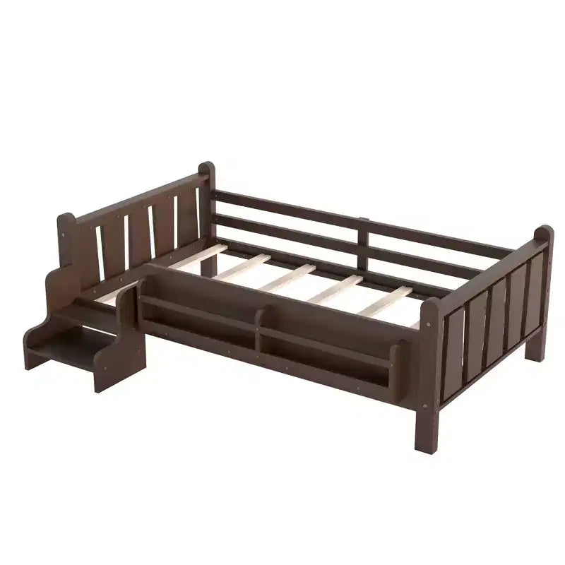 GDFStudio Teresa Kids Wood Floor Platform Bed with Storage Bookcases and Guardrails
