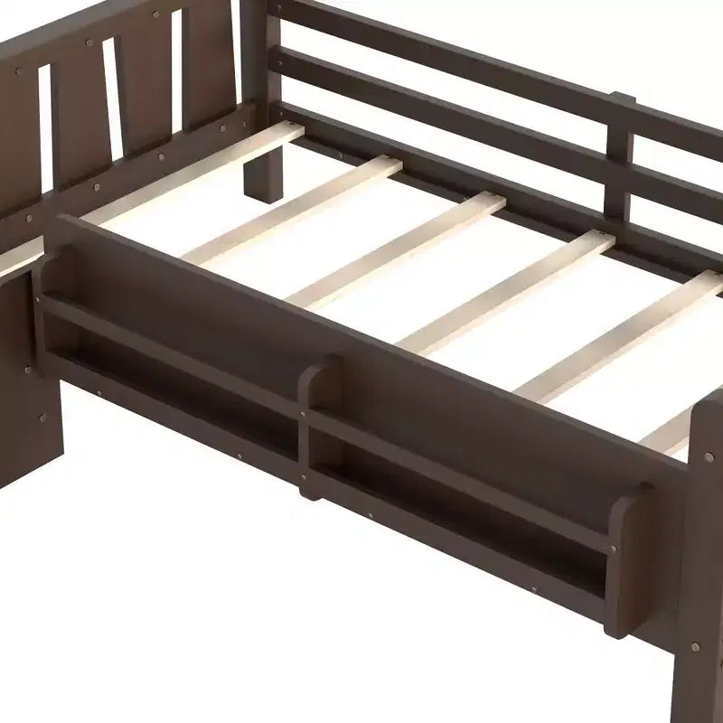 GDFStudio Teresa Kids Wood Floor Platform Bed with Storage Bookcases and Guardrails