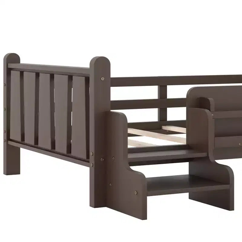 GDFStudio Teresa Kids Wood Floor Platform Bed with Storage Bookcases and Guardrails