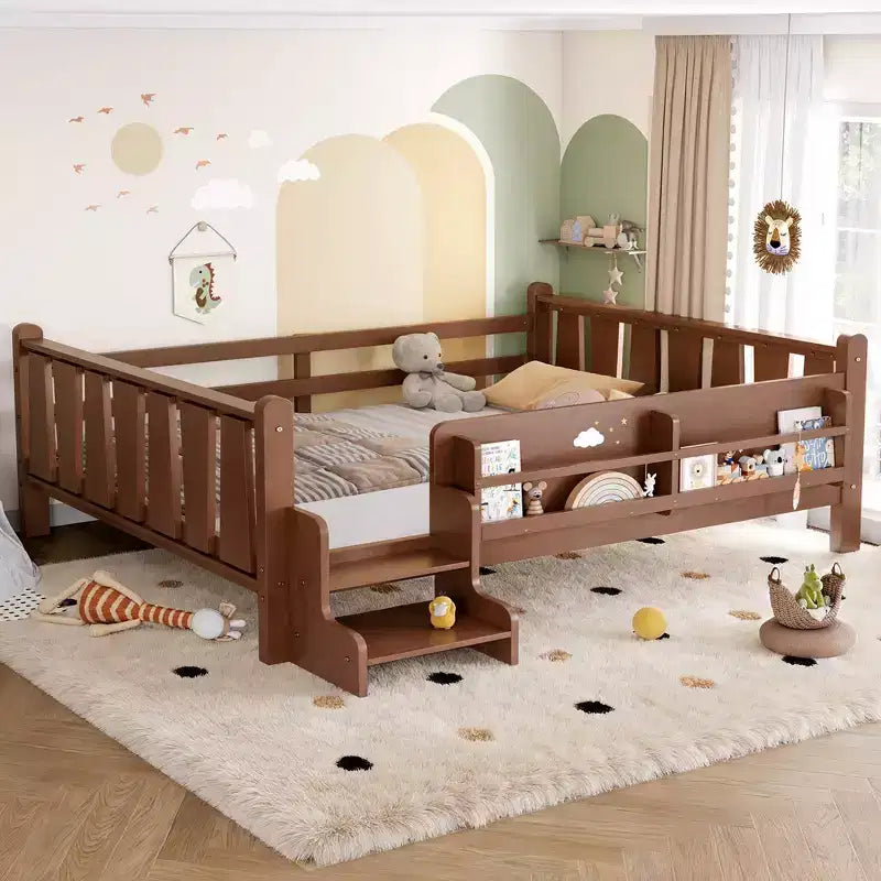 GDFStudio Teresa Kids Wood Floor Platform Bed with Storage Bookcases and Guardrails