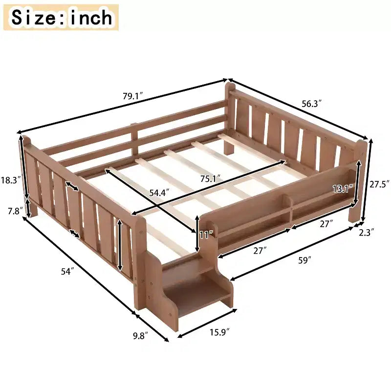 GDFStudio Teresa Kids Wood Floor Platform Bed with Storage Bookcases and Guardrails