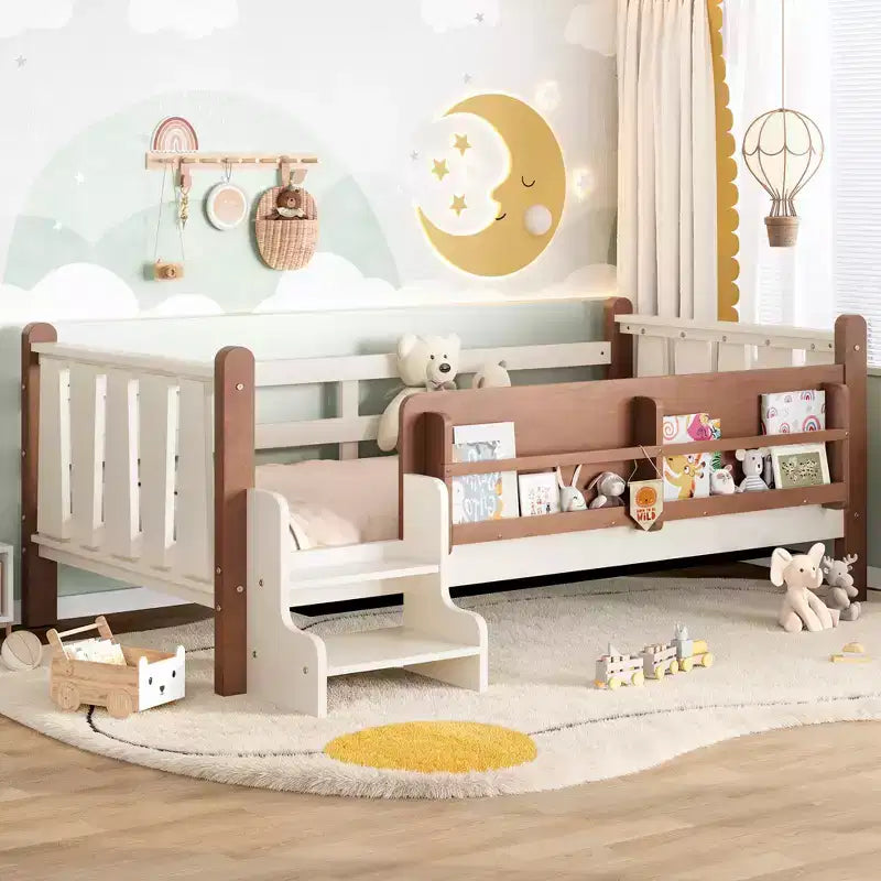 GDFStudio Teresa Kids Wood Floor Platform Bed with Storage Bookcases and Guardrails